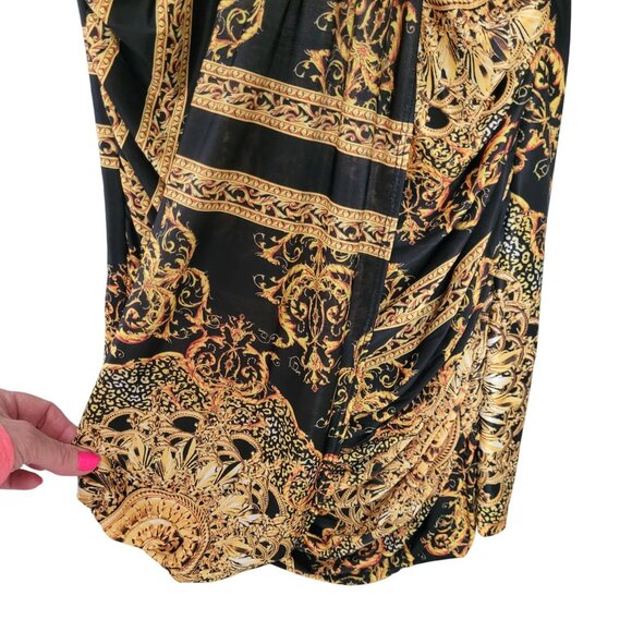 Banjul Sleeveless Baroque Print Ruched Dress Womens Size L Black Gold Party - Picture 4 of 8